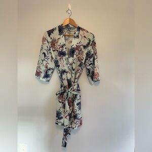 Floral Print Silk Feel Robe - Light Mint with Navy & Coral, Size S/M
